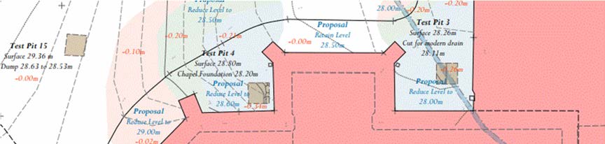 A technical site plan detailing test pit locations, ground surface levels, and proposed drainage reductions for a chapel and wash house.