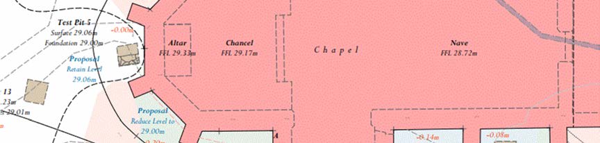 A site plan showing the layout of a chapel with proposed drainage levels and a test pit location.