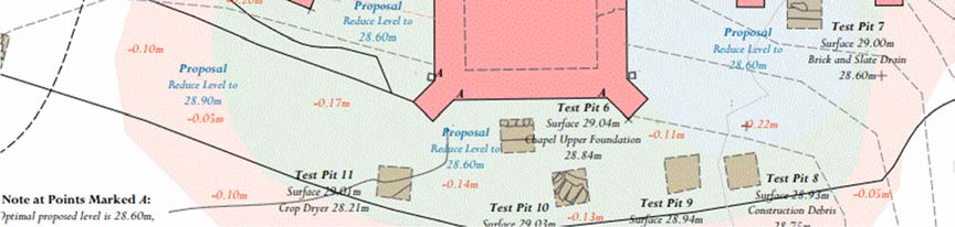 A technical site plan section showing test pit locations, ground surface levels, and proposed drainage reductions for a chapel foundation.