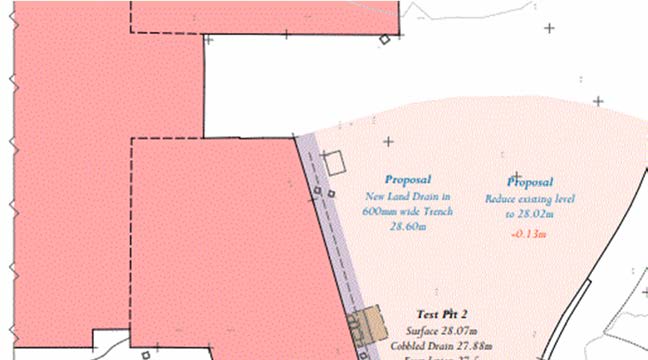 A site plan showing proposed drainage works, including a new land drain trench and level adjustments.