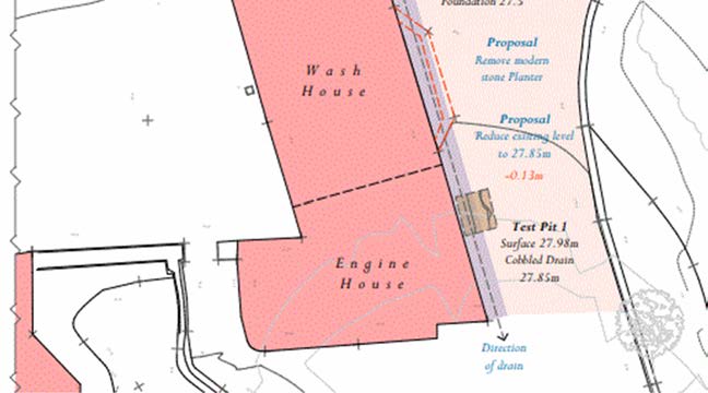 A technical site plan illustrating proposed drainage works, test pits, and structural modifications for the Wash House and Engine House.