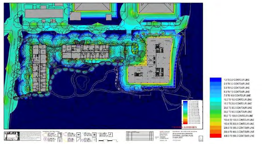 A technical site plan showing building footprints overlaid with a color-coded lighting contour map and legend.
