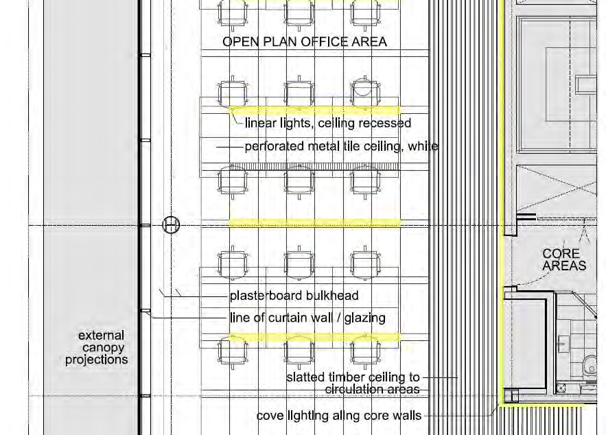 This image displays a technical architectural drawing of an open-plan office interior, detailing ceiling types, lighting fixtures, and furniture layout.