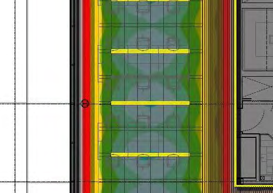 A technical engineering diagram showing a lighting analysis simulation with color-coded intensity zones overlaid on a grid, alongside a partial architectural floor plan.