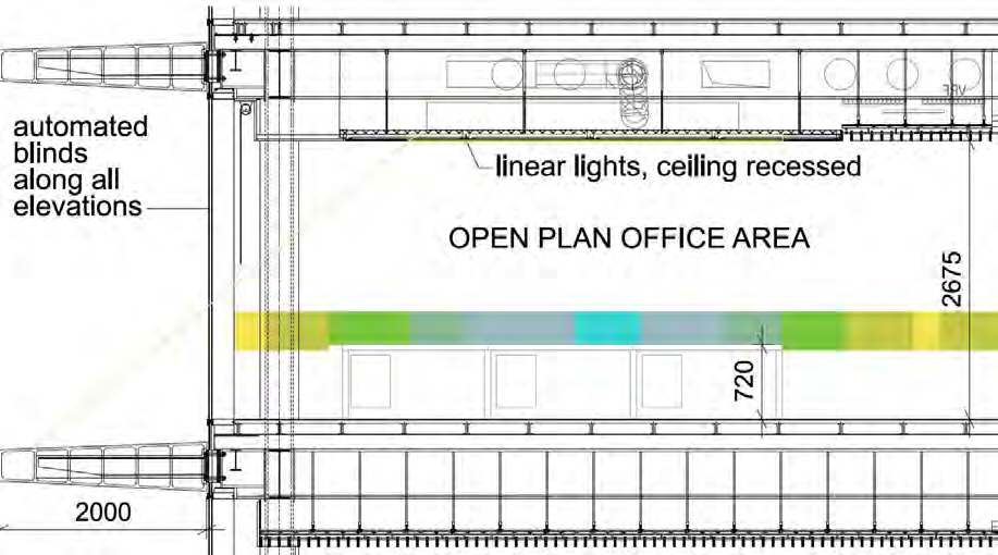 Architectural section drawing detailing an open plan office area with automated blinds and recessed linear lighting.