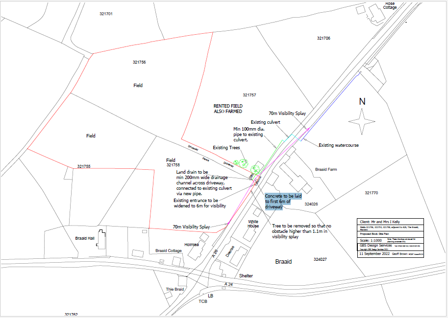 A black and white site plan depicting a rural area with fields and buildings, detailing proposed drainage channels, visibility splays, and culvert connections near a road.
