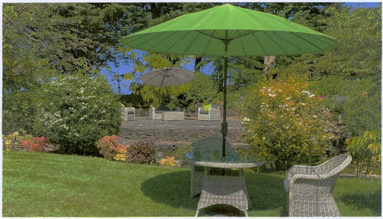 A photograph showing a landscaped garden area with a stone patio, outdoor wicker furniture, and large parasols surrounded by lush trees and flowers.