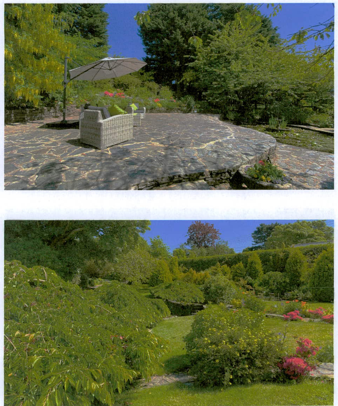 Two photographs depicting a stone patio with outdoor seating and a lush, landscaped garden area with mature trees and hedges.