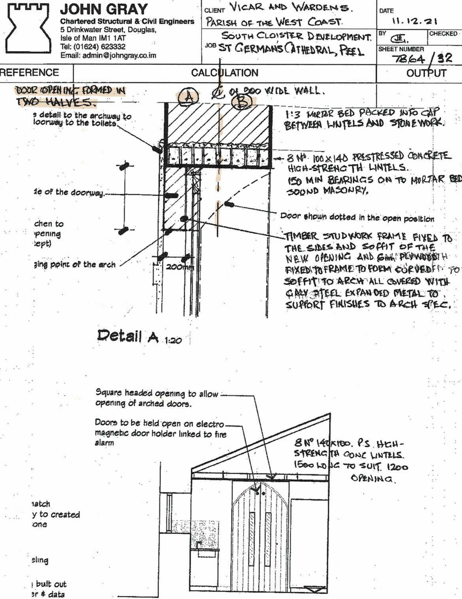 A structural engineering drawing detailing the construction of a door opening in a stone wall, including lintel specifications and timber studwork framing.