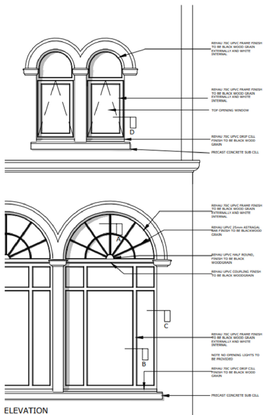 Architectural elevation drawing showing detailed window specifications and finishes.