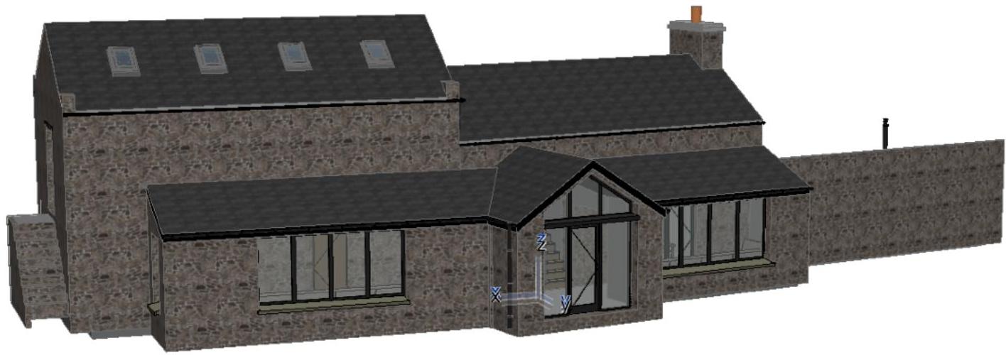 A 3D architectural rendering showing a stone dwelling with a proposed single-storey rear extension featuring a new roofline and large windows.