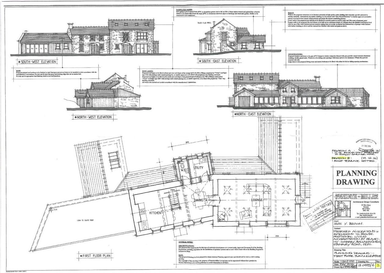 This image displays a planning drawing featuring four elevations (South-West, South-East, North-West, North-East) and a first-floor plan layout for a proposed alteration to a stone dwelling.