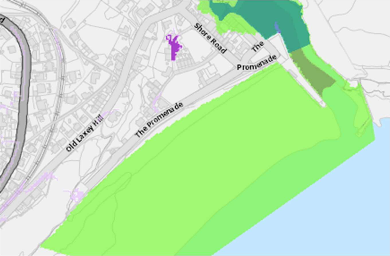 A site location map showing the application site highlighted in purple near Shore Road and The Promenade, with large green areas indicating coastal designations.