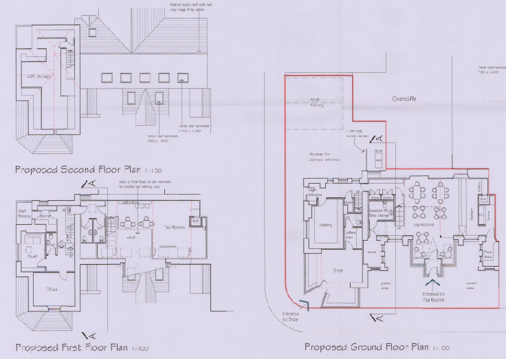 The image displays architectural floor plans for a commercial property, including a ground floor layout with a shop and tea rooms, a first-floor plan with offices, and a roof section.