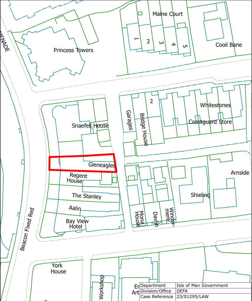 A site location plan highlighting the property 'Gleneagles' in red, showing its position relative to neighboring buildings and the coastal promenade.