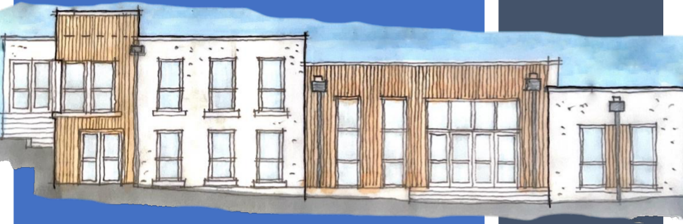 A hand-drawn watercolor architectural elevation showing a street-facing building facade with mixed white and wooden cladding.