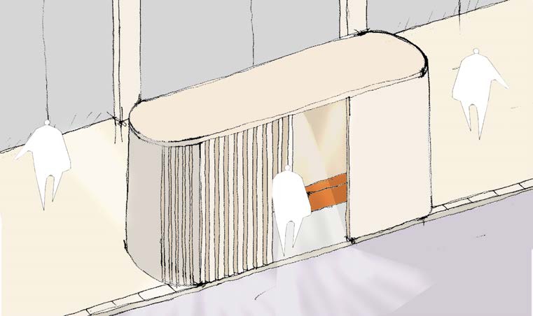 An architectural sketch depicting an interior perspective of a commercial space, featuring a curved wall or counter with vertical detailing and stylized human figures.