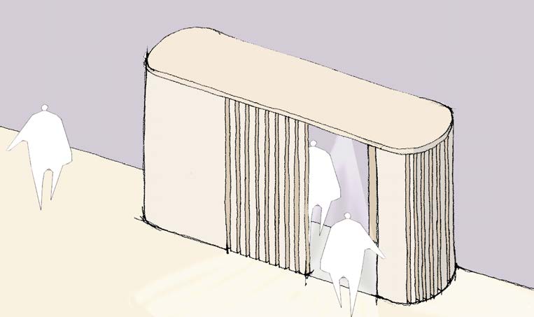 Architectural perspective sketch of a modern curved building with vertical cladding and stylized human figures for scale.