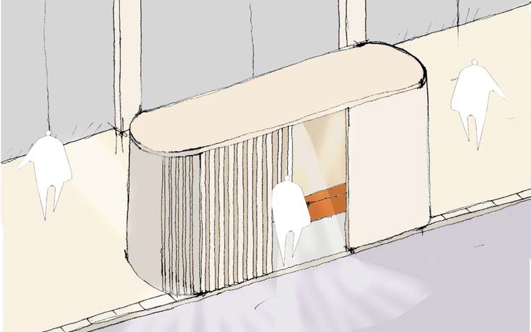 A hand-drawn perspective sketch of a curved interior counter or partition with vertical detailing and stylized human figures for scale.
