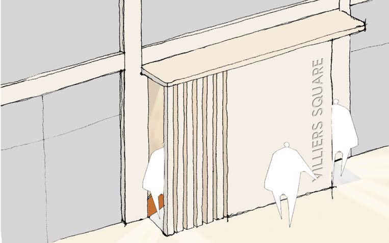 Architectural elevation sketch showing a commercial building entrance with a 'Villiers Square' sign and wooden slat detailing.