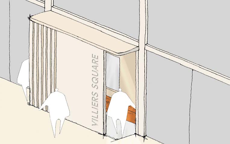 An architectural sketch showing the entrance facade of a building labeled 'Villiers Square' with stylized human figures for scale.