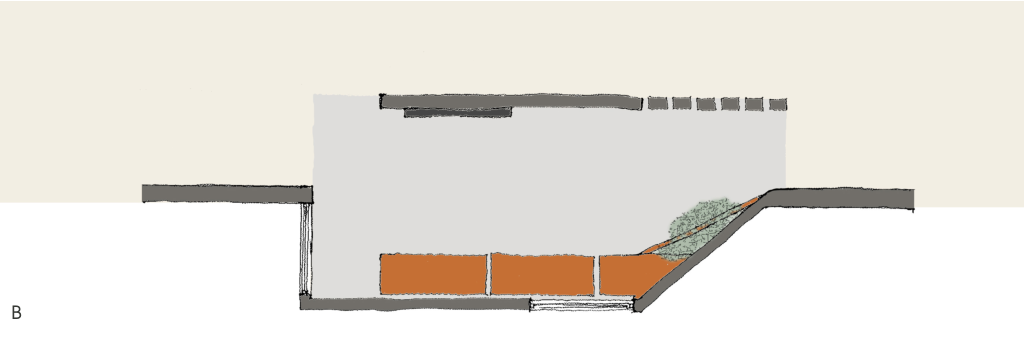 An architectural cross-section drawing illustrating a building structure with sloping ground levels and landscaping on the right side.