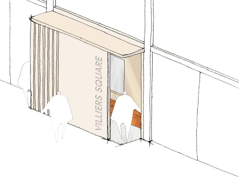 An architectural perspective sketch showing the entrance facade of a building labeled 'Villiers Square' with stylized human figures for scale.
