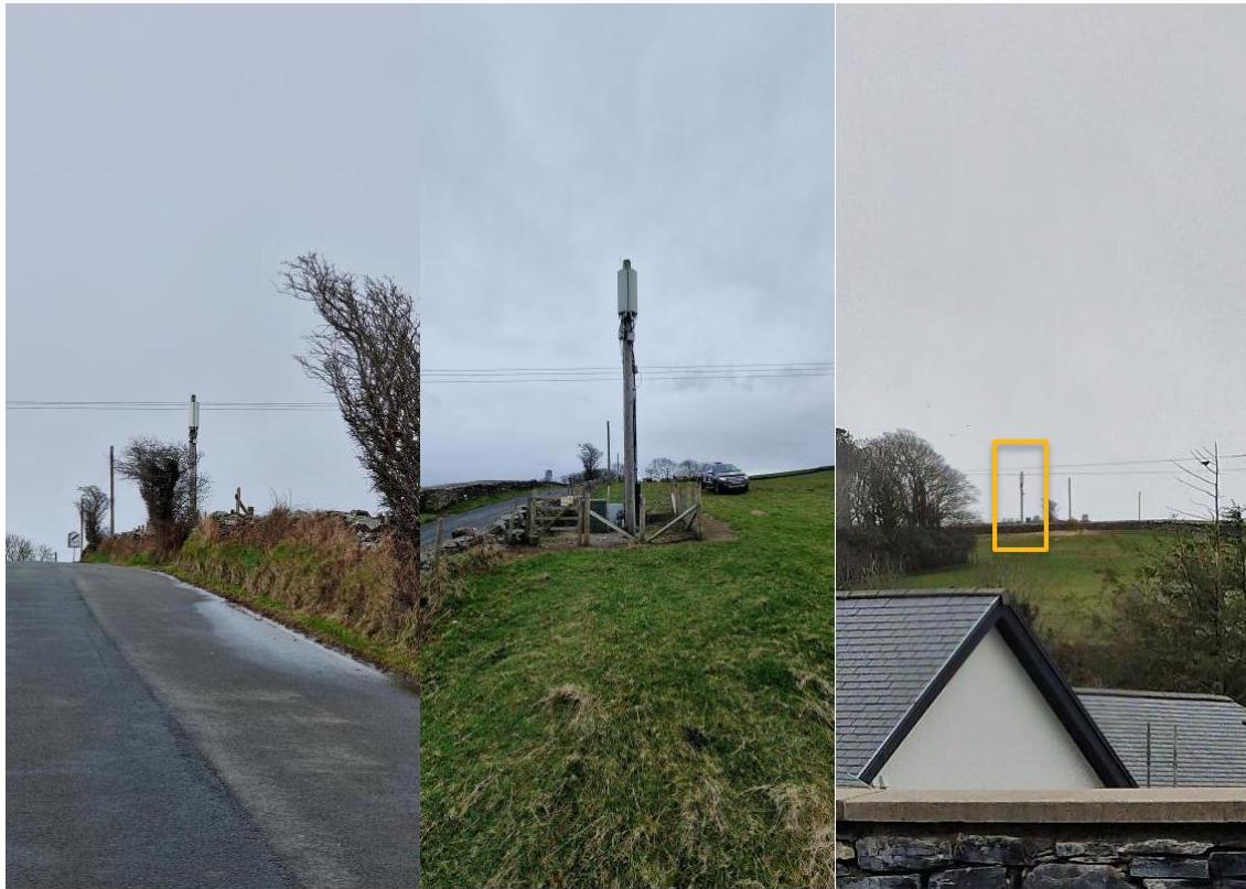 A triptych of photographs showing the existing telecommunications site location from different viewpoints. The images display a telegraph pole on a grassy roadside verge, with the rightmost panel highlighting the pole...