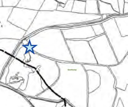 A black and white site location map showing land parcels and roads with a blue star indicating the application site near Overkenny.