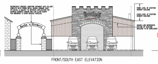 Architectural elevation drawing showing the front facade of a proposed brewery and office development with vehicle parking and existing building details.