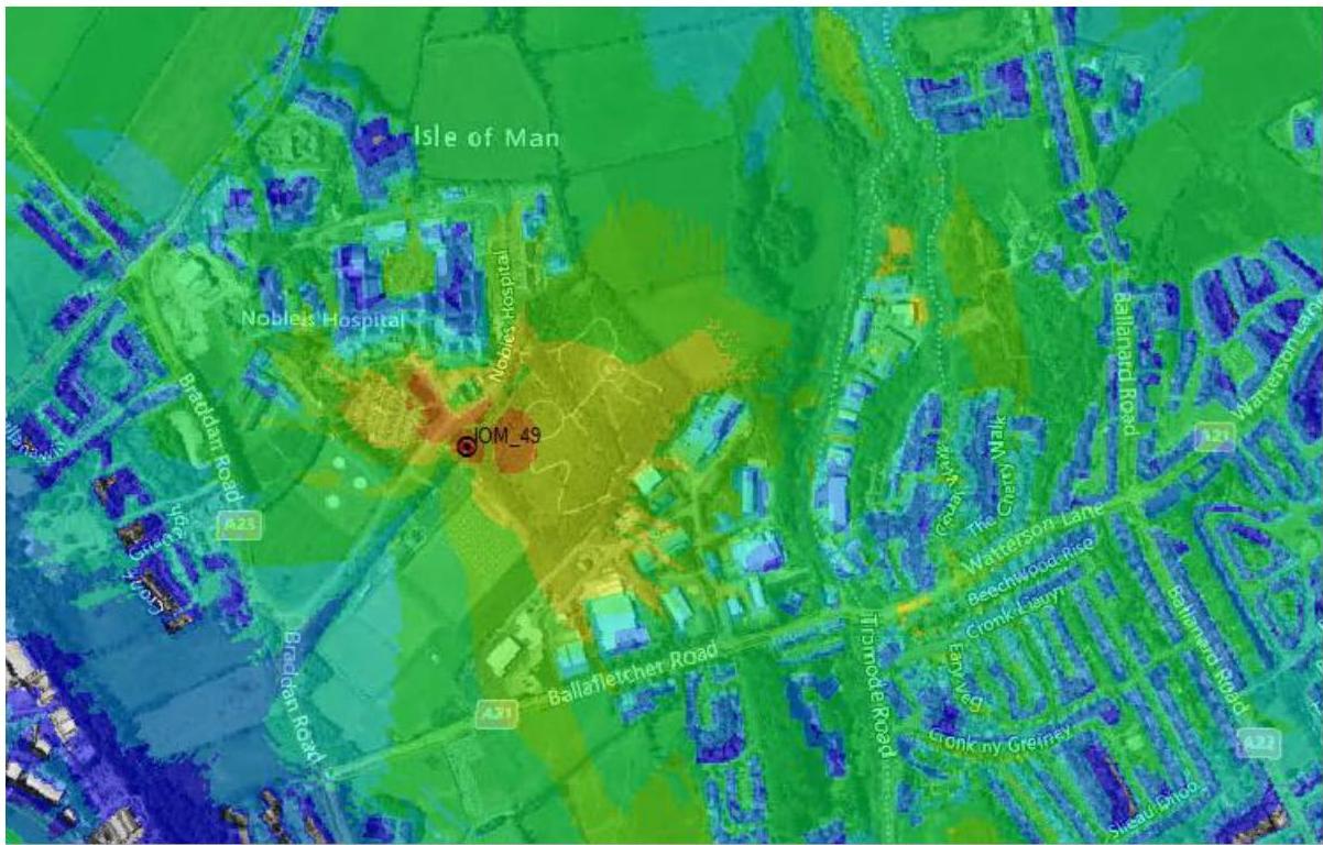 A digital map showing the proposed location of a mobile mast (OM_49) near Noble's Hospital and Braddan Road in the Isle of Man.
