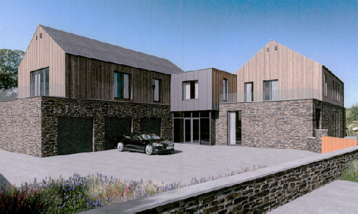 A photorealistic architectural rendering of a proposed modern detached house featuring stone and timber cladding with a large driveway.