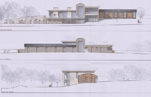 The image displays three architectural elevation drawings showing a modern two-storey house, a long single-storey building, and a smaller garage or stable structure with a large wooden door.