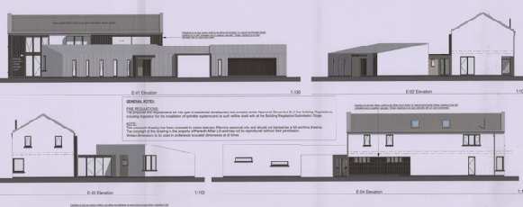 Architectural elevation drawings showing the proposed new dwelling and garage from multiple angles, including general notes and scale indicators.