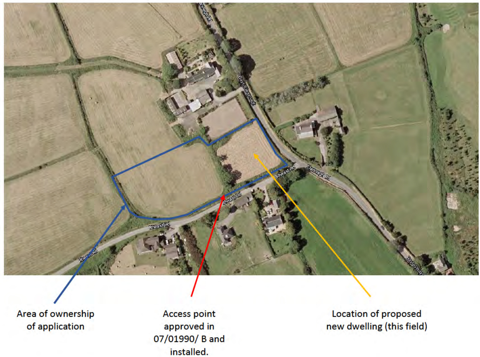 An aerial site plan showing the area of ownership outlined in blue, with arrows indicating the approved access point and the proposed location for a new dwelling.