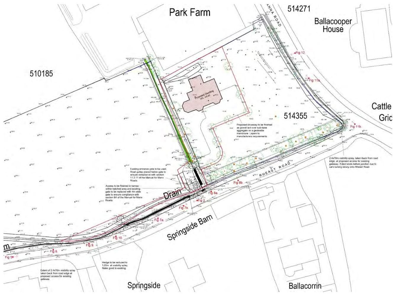 A site plan illustrating the proposed location of a new detached dwelling, detailing access arrangements from Rheast Road and surrounding landscaping.