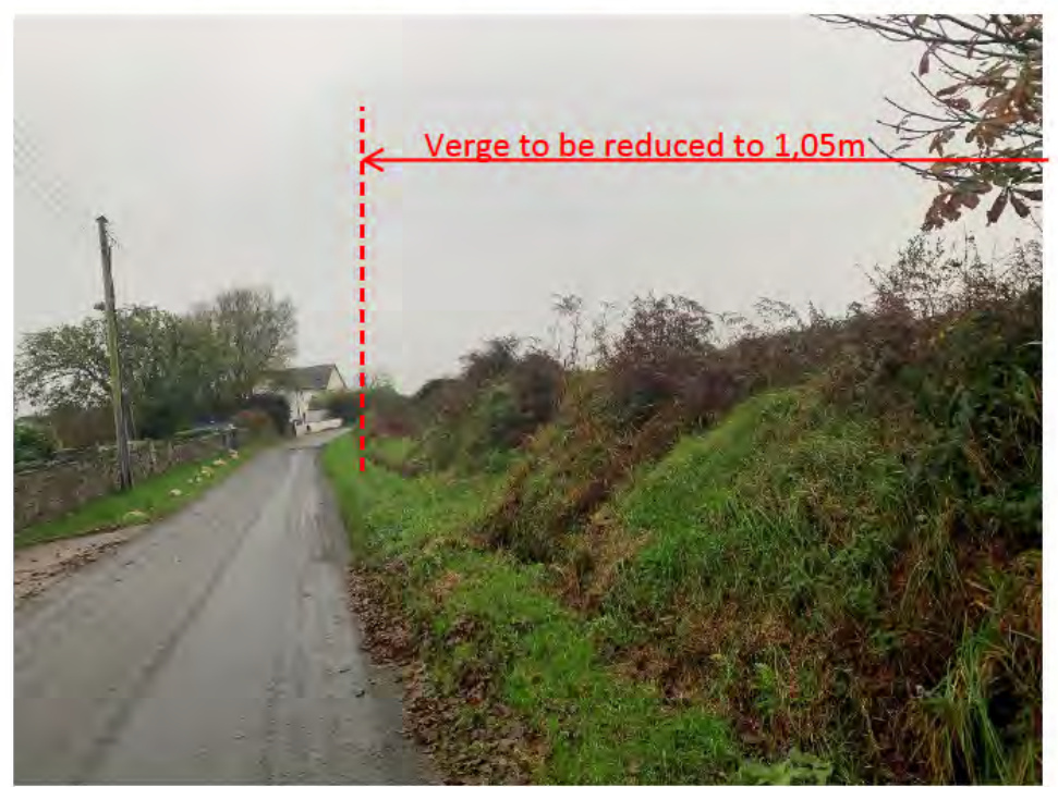 Annotated photograph showing a rural road verge with a red dashed line indicating a proposed reduction in width to 1.05m.
