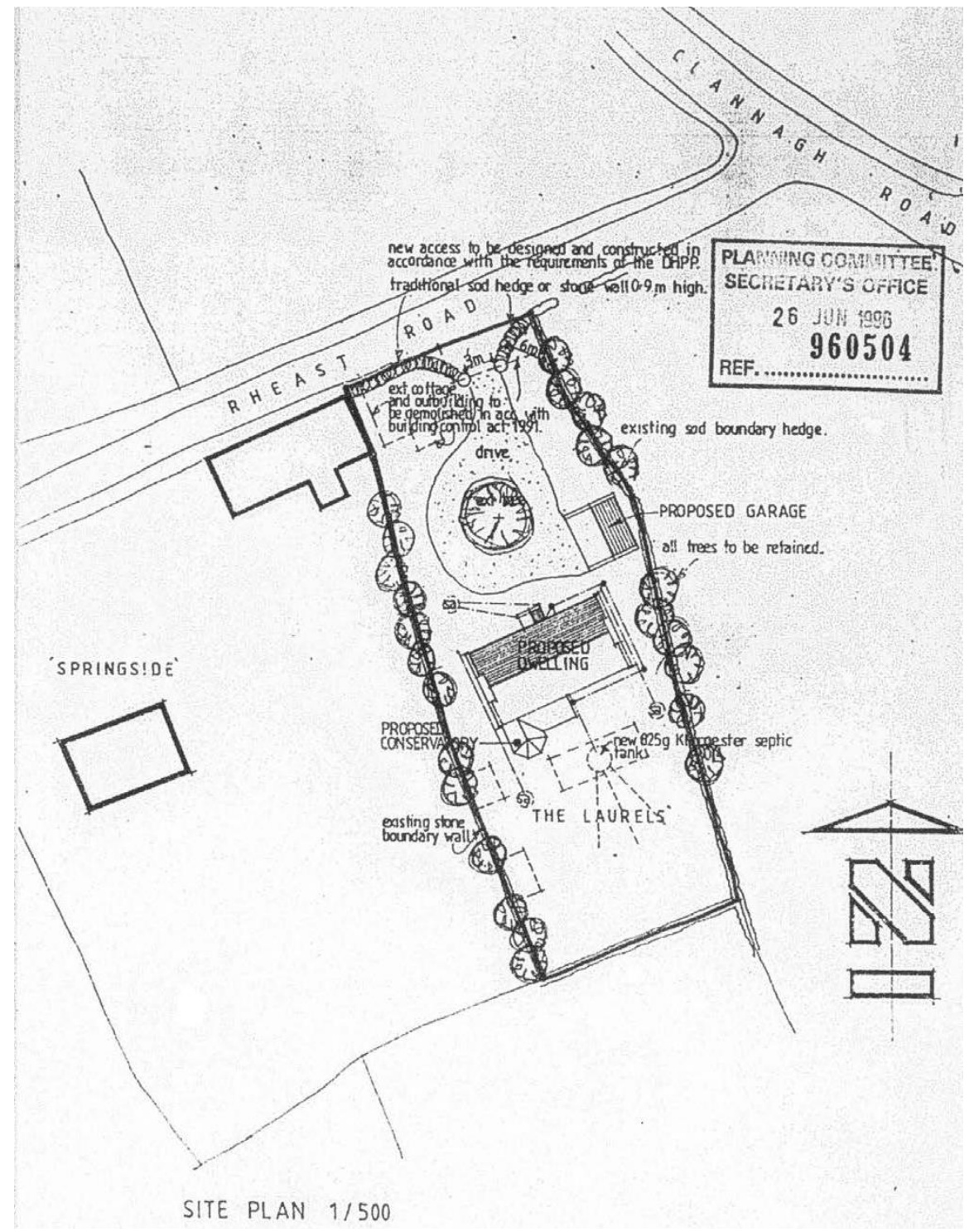 A black and white site plan showing the layout for a proposed detached dwelling and garage, detailing access from Rheast Road, boundary hedges, and a septic tank location.