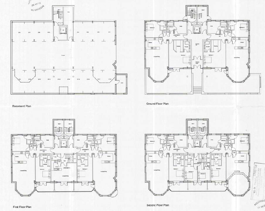 The image displays four architectural floor plans for a multi-story residential building, labeled as Basement, Ground, First, and Second Floor Plans.