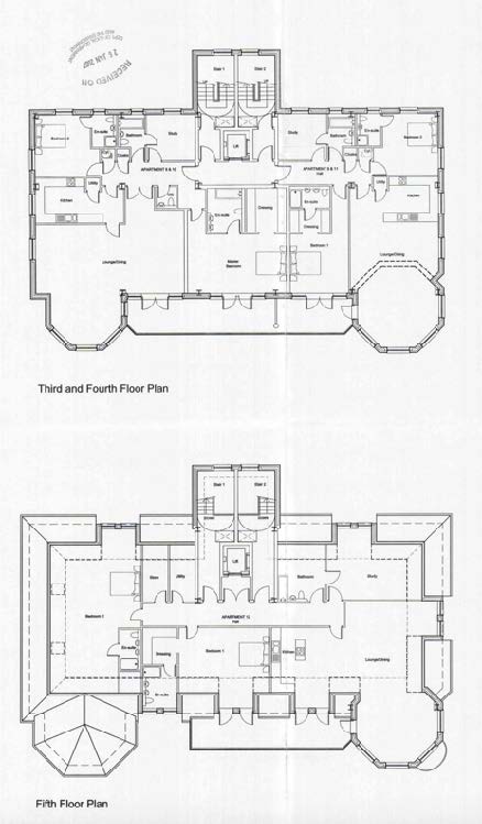 The image displays architectural floor plans for the third, fourth, and fifth floors of a building, showing the layout of multiple apartments.