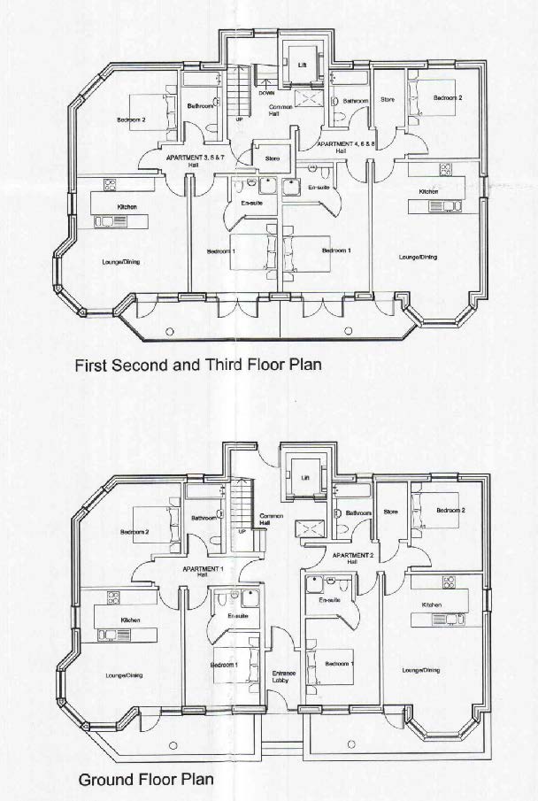 Architectural floor plans showing the layout of ground floor and upper floor apartments with room labels.
