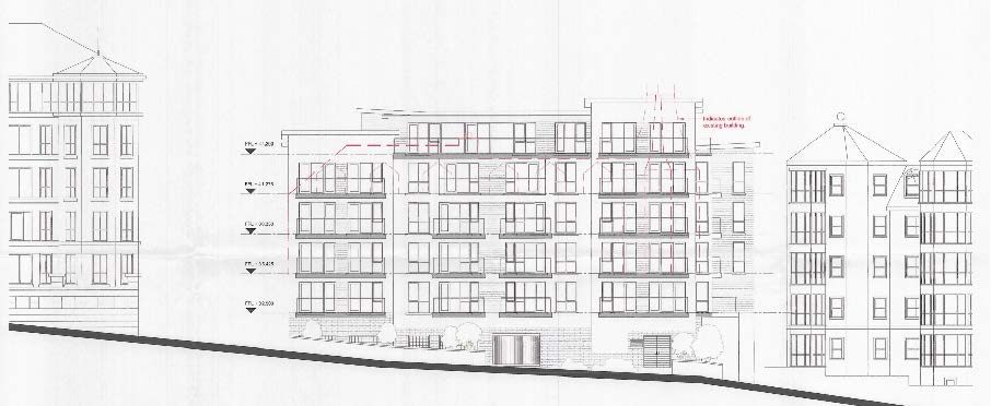 Architectural elevation drawing of a multi-story apartment block showing the facade, level markers, and adjacent buildings.