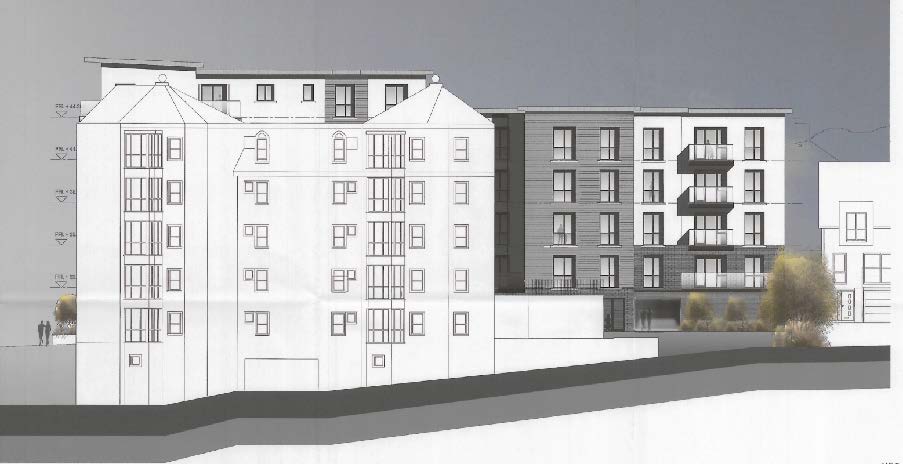Architectural perspective drawing showing a multi-story residential development with balconies and landscaping.