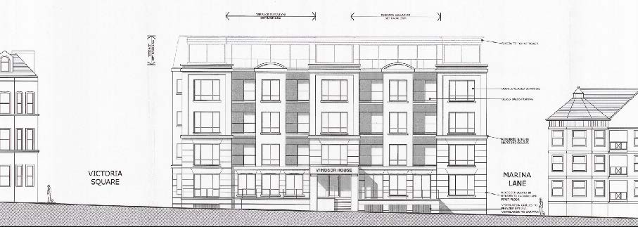 Architectural elevation drawing showing the proposed 'Kingston House' apartment block facade alongside existing buildings labeled 'Victoria Square' and 'Marina Lane'.