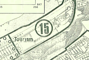 A black and white map extract showing the application site marked with a large number 15 and the label 'Tourism'.