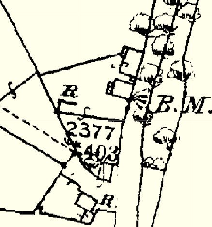 A black and white map extract showing property boundaries, a road, trees, and benchmark markers.