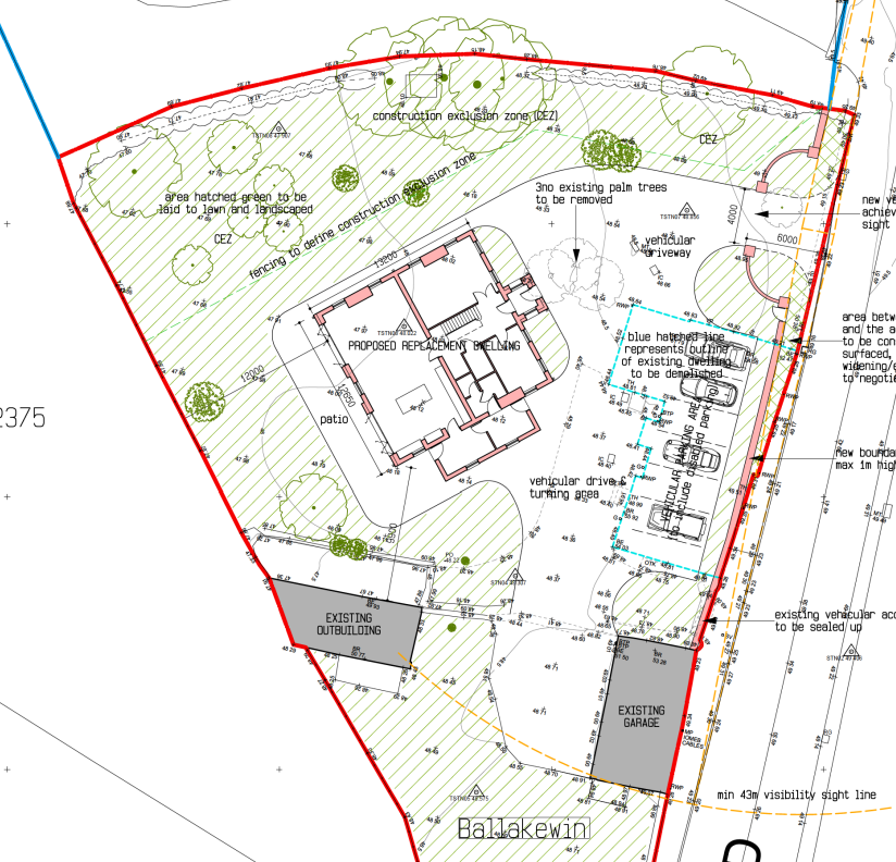 A site plan illustrating a proposed replacement dwelling, existing garage and outbuilding, along with driveway access and landscaping zones.