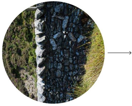 A circular crop showing a close-up of a dry stone wall running vertically through a grassy, rural landscape with a slope on the left.