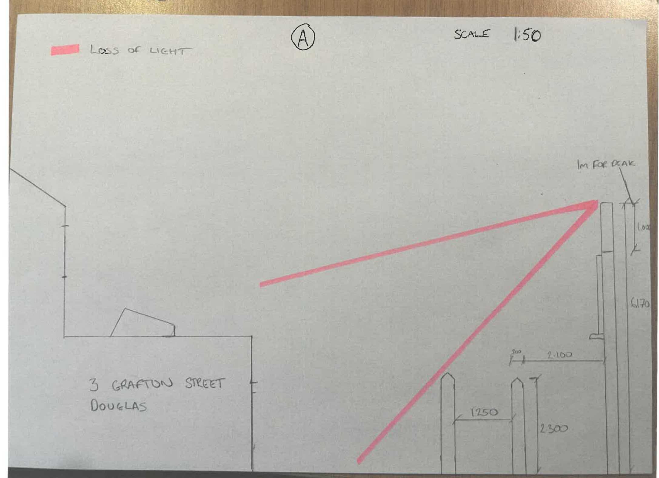 A hand-drawn architectural sketch illustrating a 'loss of light' analysis with red sightlines and dimensions for a property at 3 Grafton Street.
