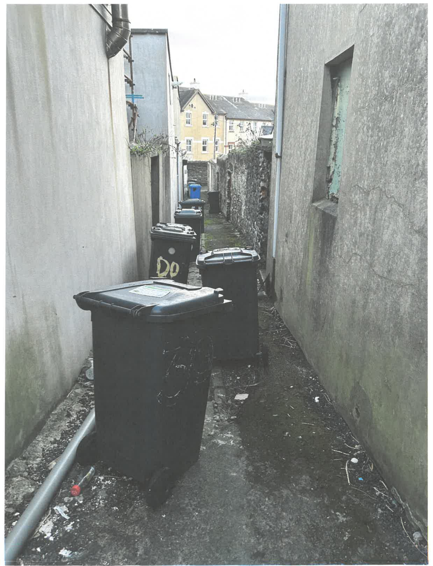 A photograph showing a narrow rear alleyway or service lane between buildings, lined with several black wheelie bins.